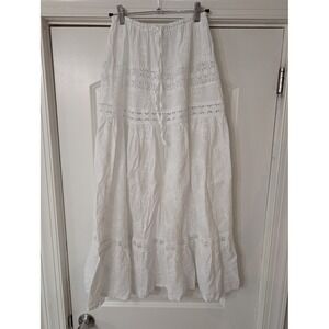 White Cotton Eyelet Maxi Skirt Crochet Lace Tiered Boho Prairie Peasant Skirt